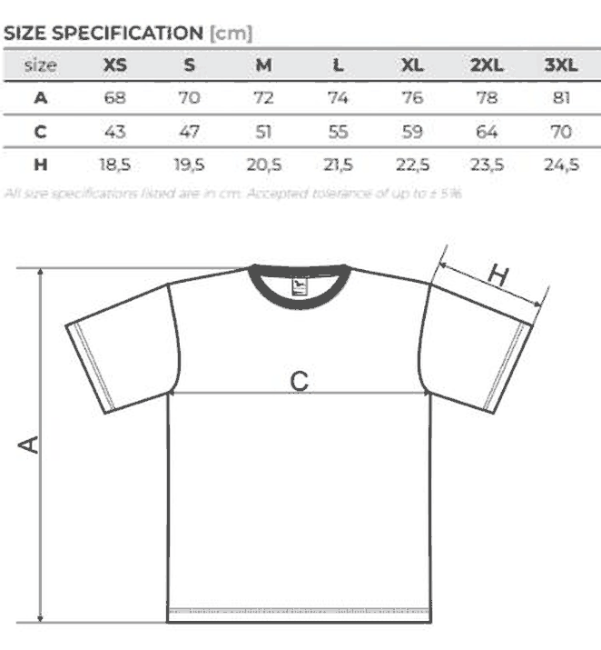 Tabela rozmiarów – koszulka męska Malfini BASIC129 z nadrukiem (XS-3XL)