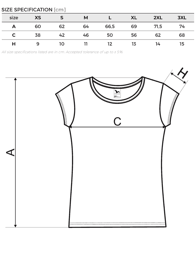 Tabela rozmiarów - koszulka damska Malfini 122 Pure z nadrukiem (XS-3XL)
